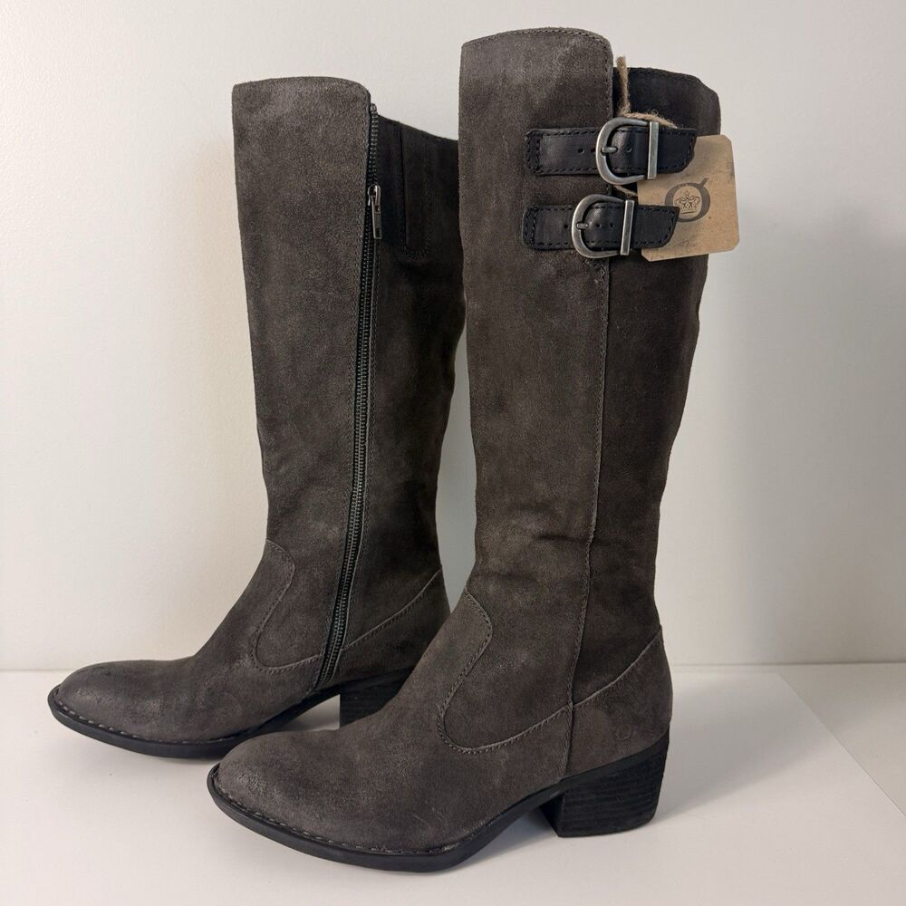Born Women's Basil Riding Boots Gray Suede Block Heel Buckle Size 8.5 M